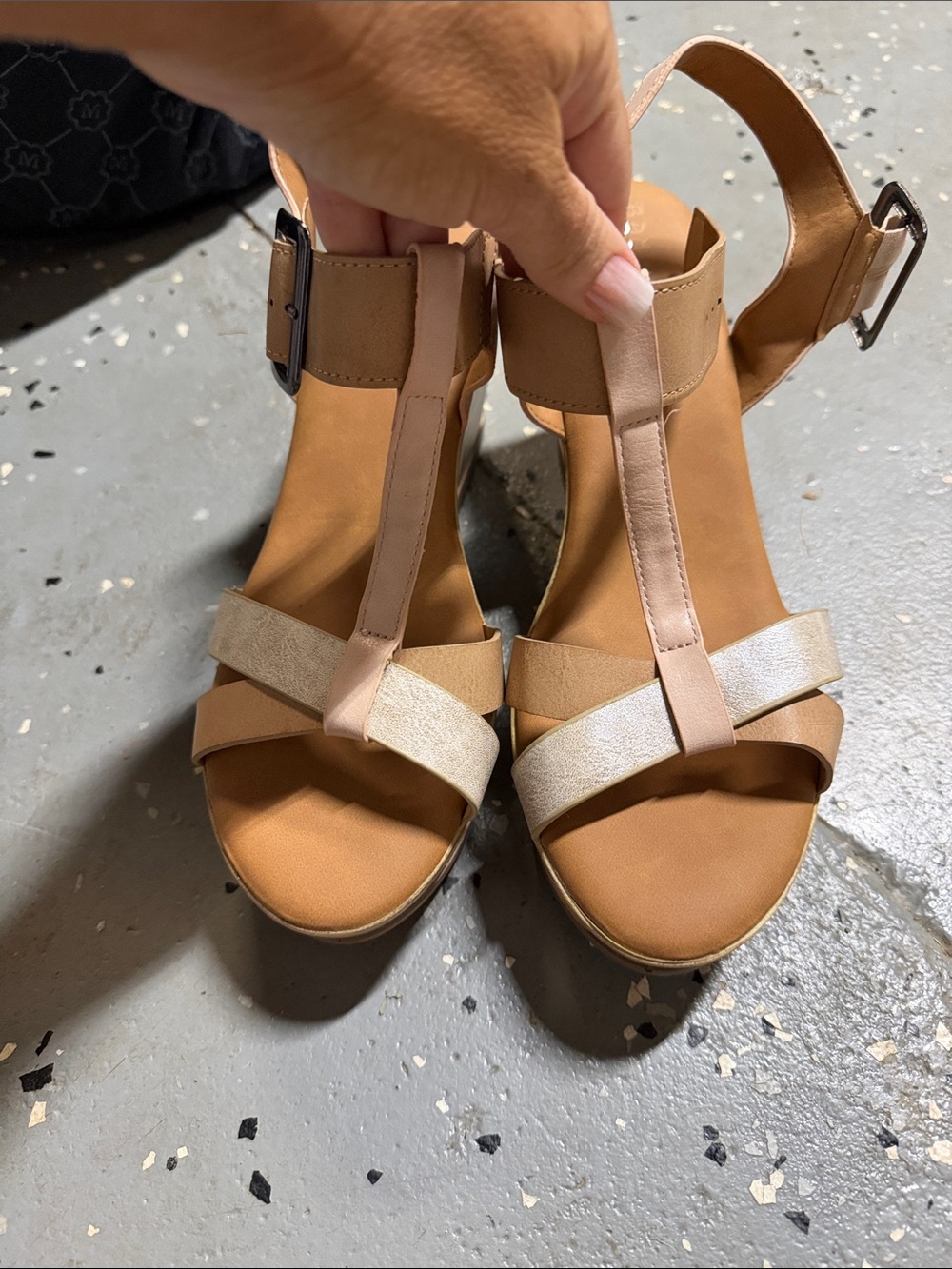 BAMBOO Tan and Beige T-Strap Wedge Sandals
